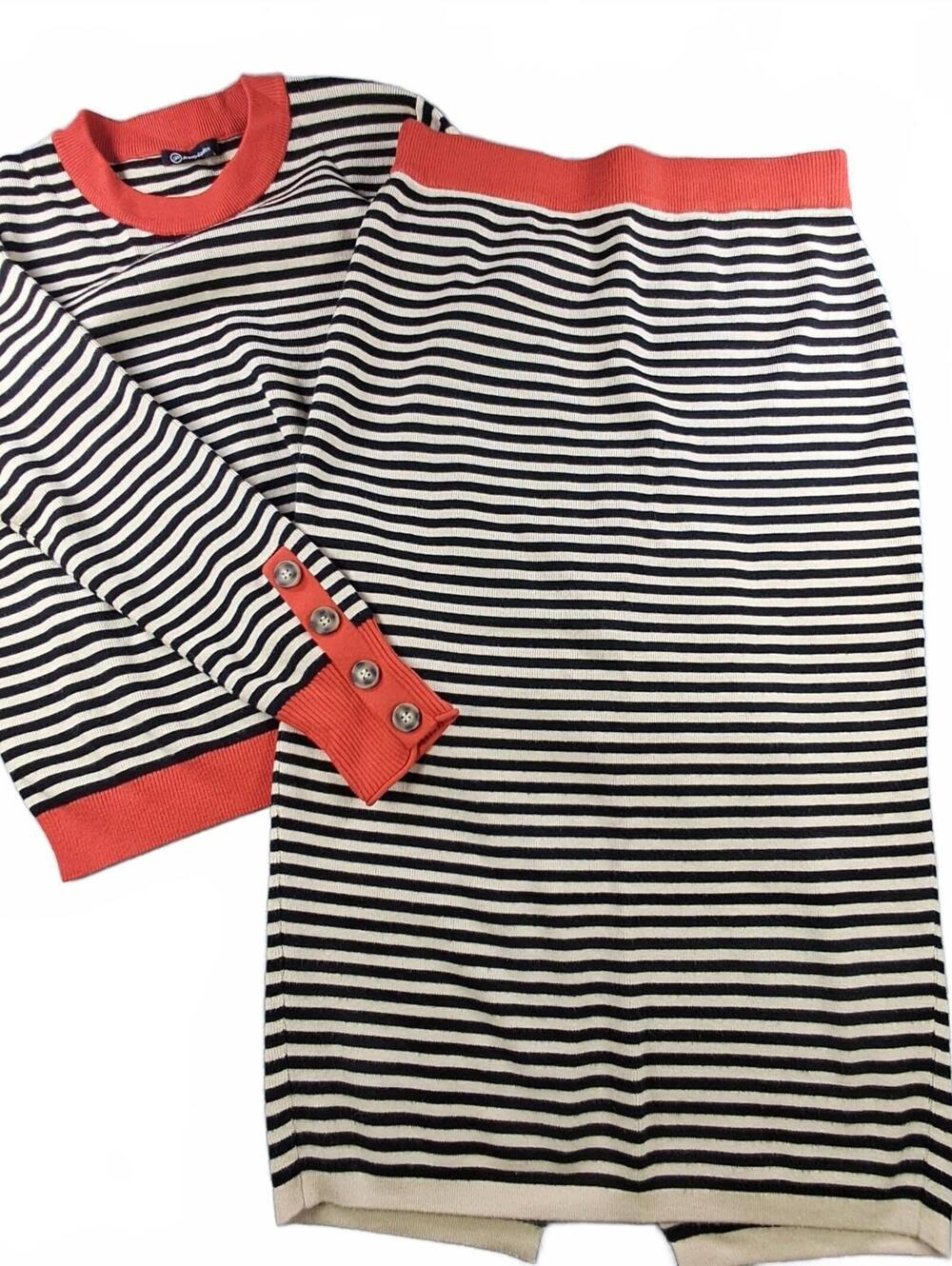 PrettyGarden 2 Piece Sweater Skirt Set Womens Large Striped Knit Midi Rust Red L